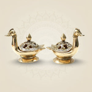 Brass Swan Dhoop Dani Stand Set of 2 – Gugal Burner for Pooja & Mandir Use - Luxeartisanship