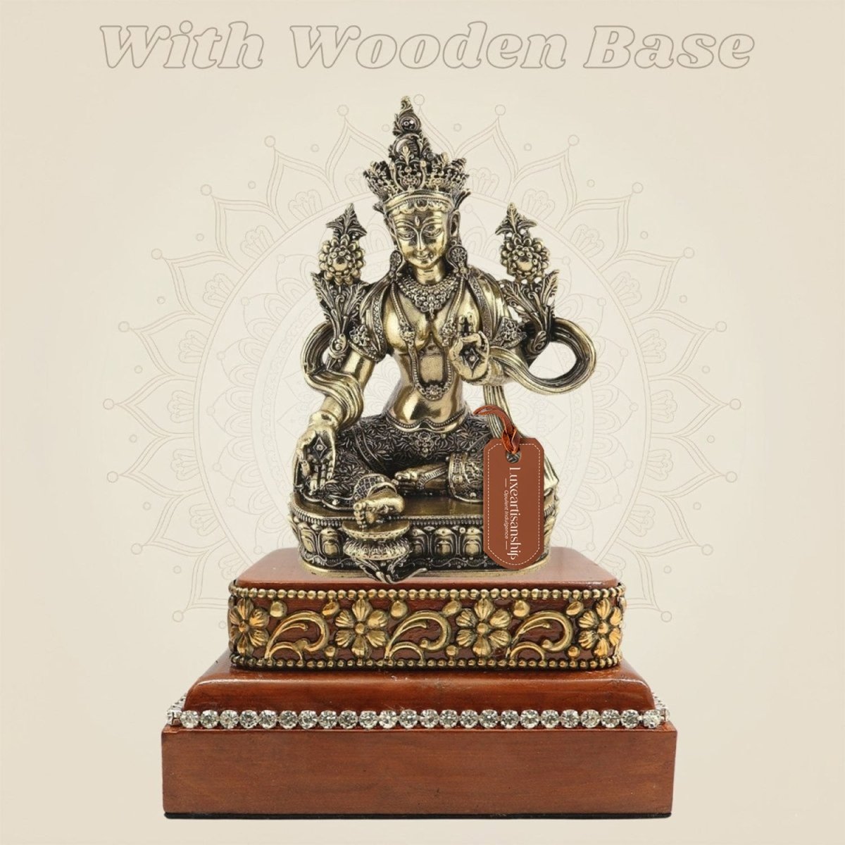 Brass Goddess Tara Maa Murti on Wood Base for Sacred Decor