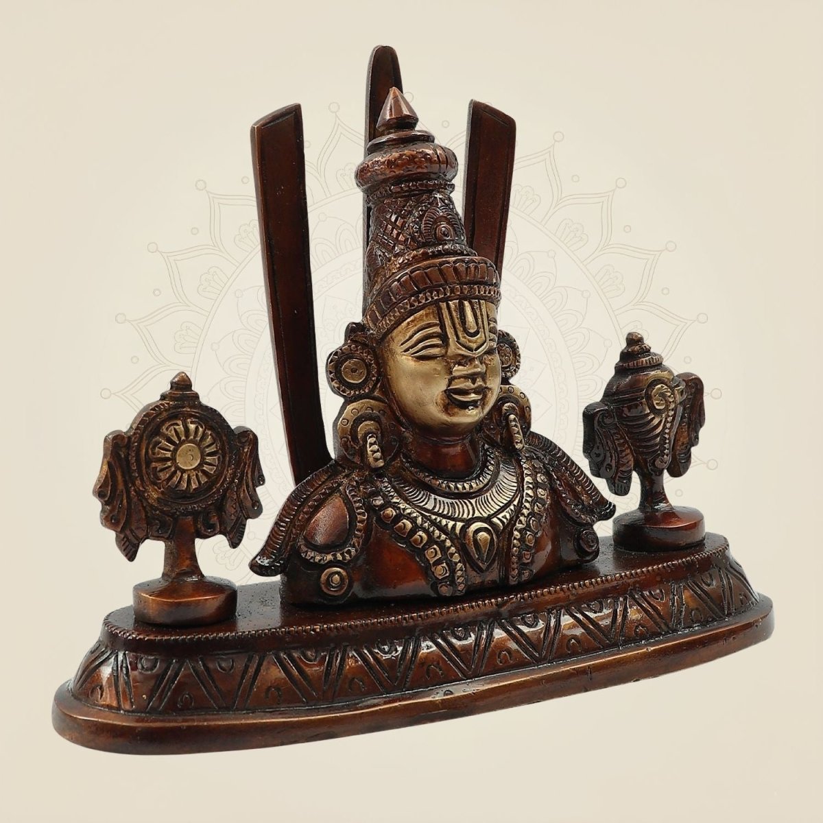 Brass Tirupati Balaji with Trisul – 5.75 Inch Idol in Colored Patina & Butter Finish - Luxeartisanship
