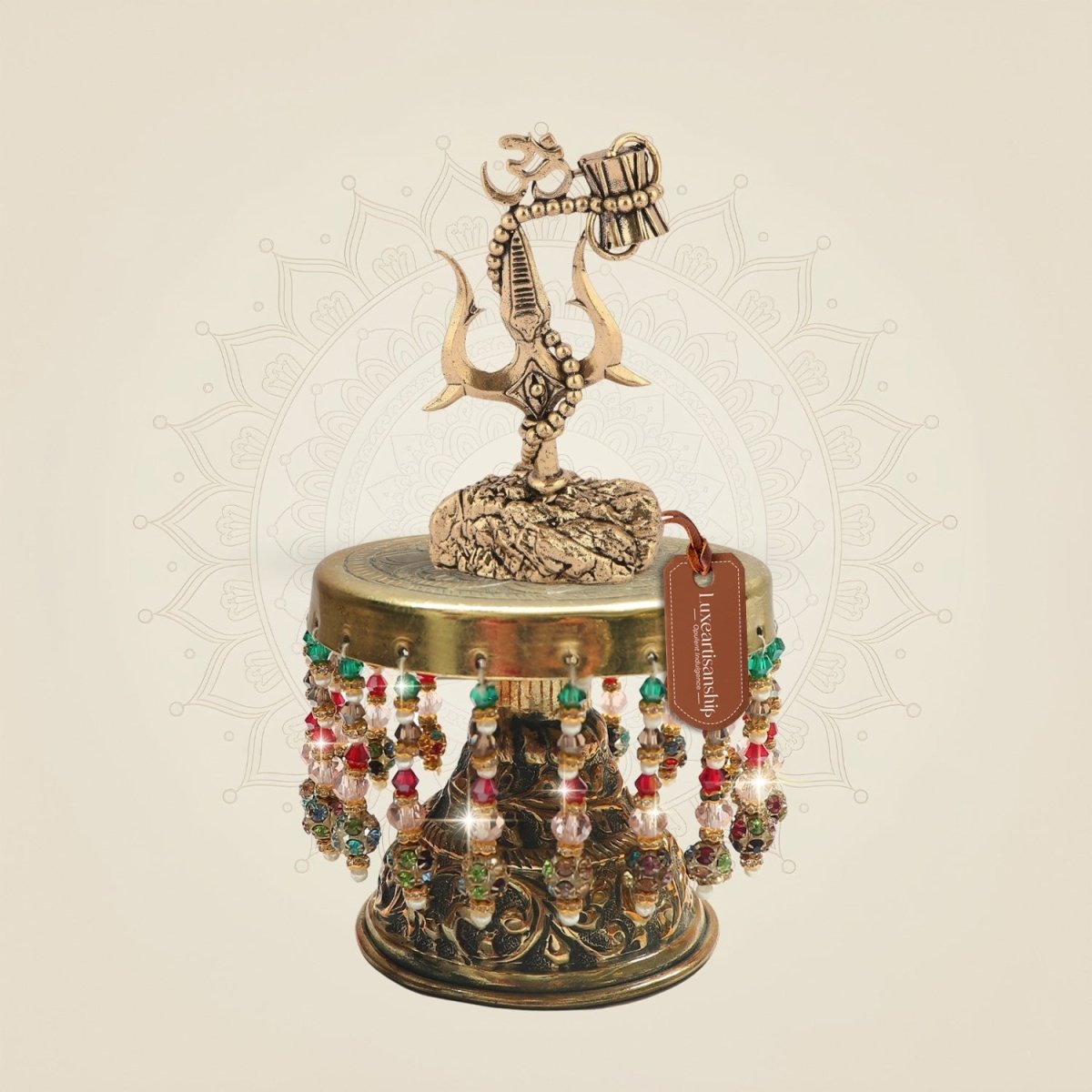 Brass Trishul Damru Om on Chowki Multi Symbol Design 6.5" - Luxeartisanship