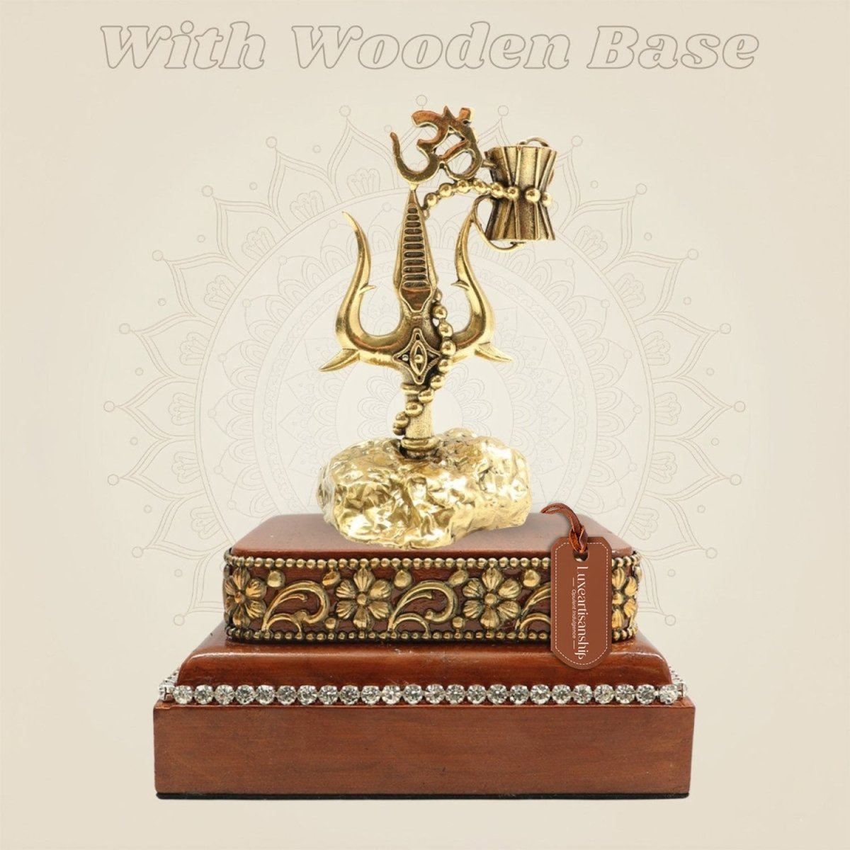 6 inch Brass Trishul with Damru and Om Symbol on Square Wooden Base