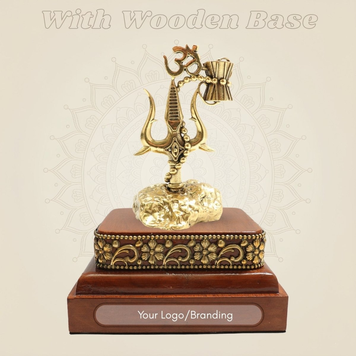 Brass Trishul with Damru and Om Symbol, 6″ Decorative Piece on Square Wooden Base - Luxeartisanship
