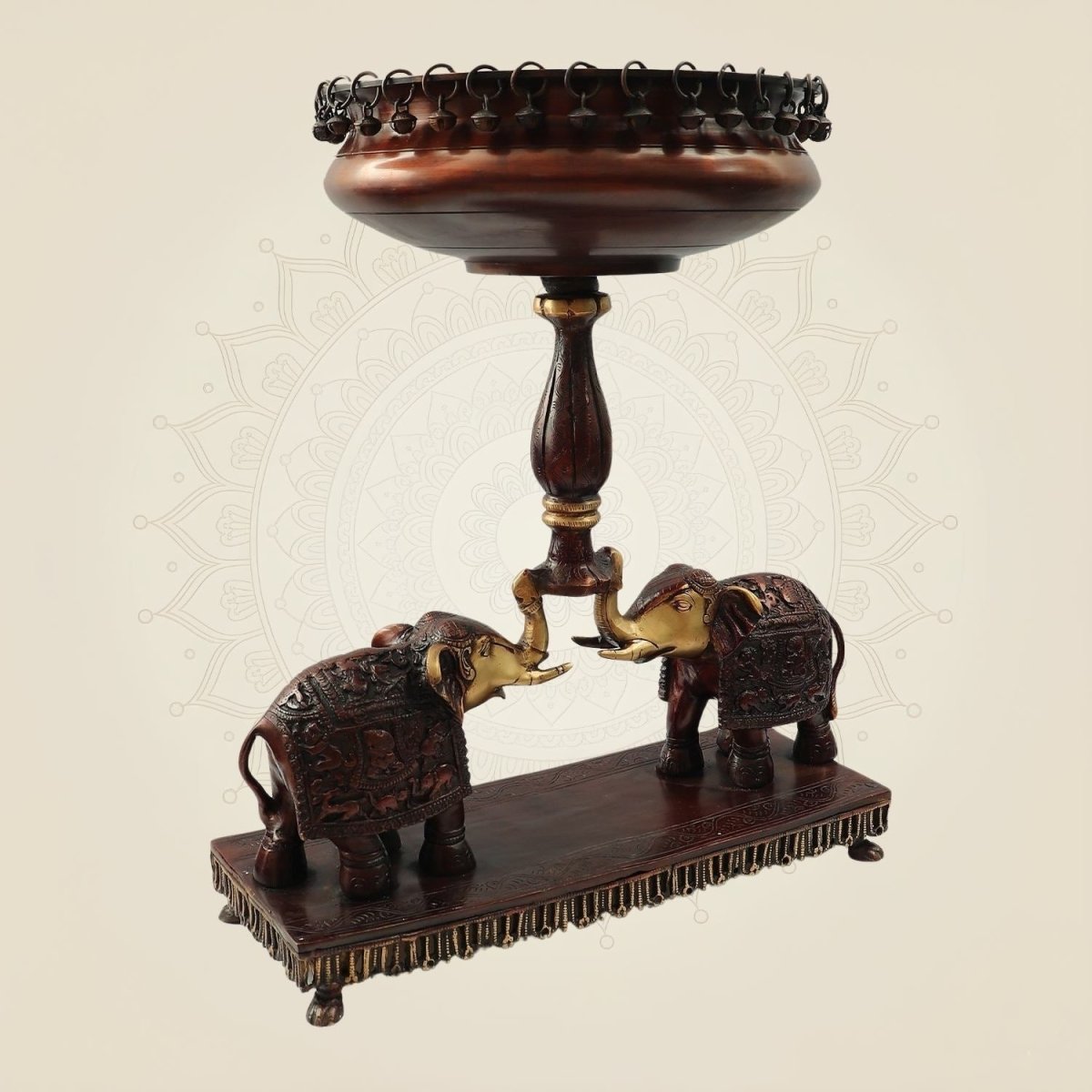 Brass Urli with Elephant Stand – 21" Handcrafted Décor for Festive Spaces - Luxeartisanship
