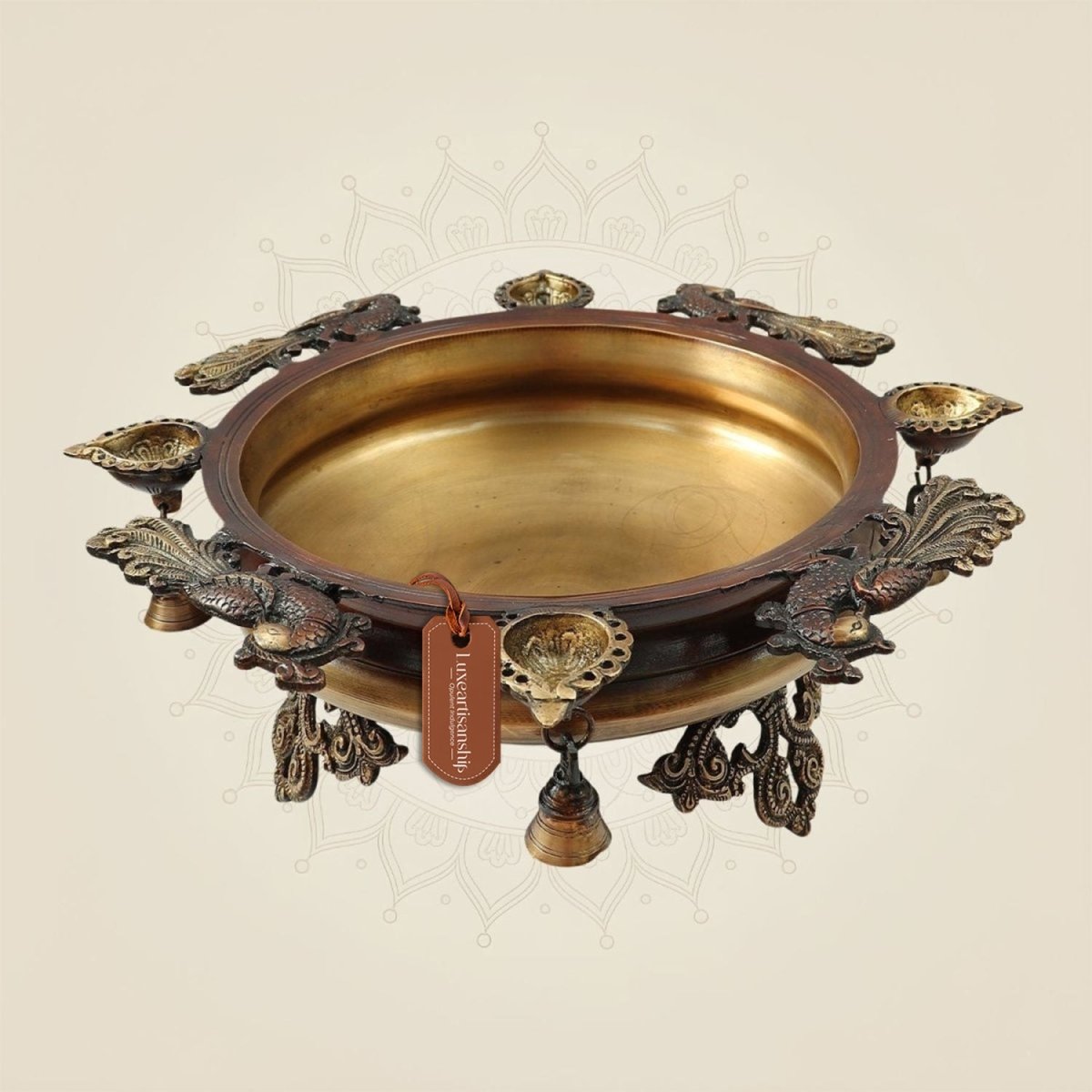 Brass Urli with Peacock Motifs & Hanging Bells 6"