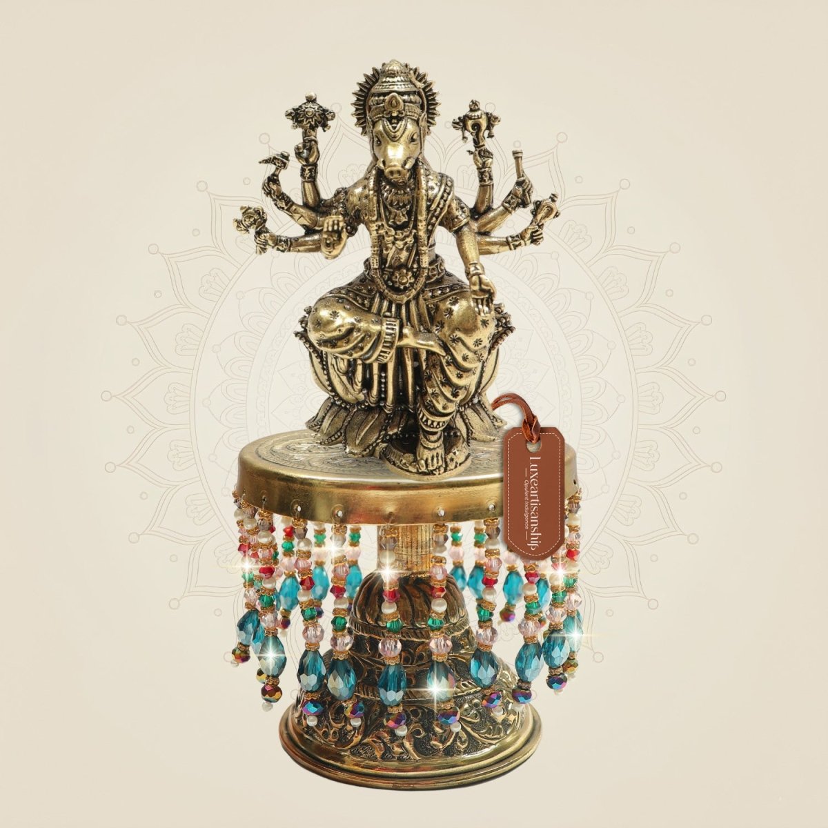 Brass Varaha Dev on Chowki 7.5" Inspired by Vishnu Incarnation - Luxeartisanship