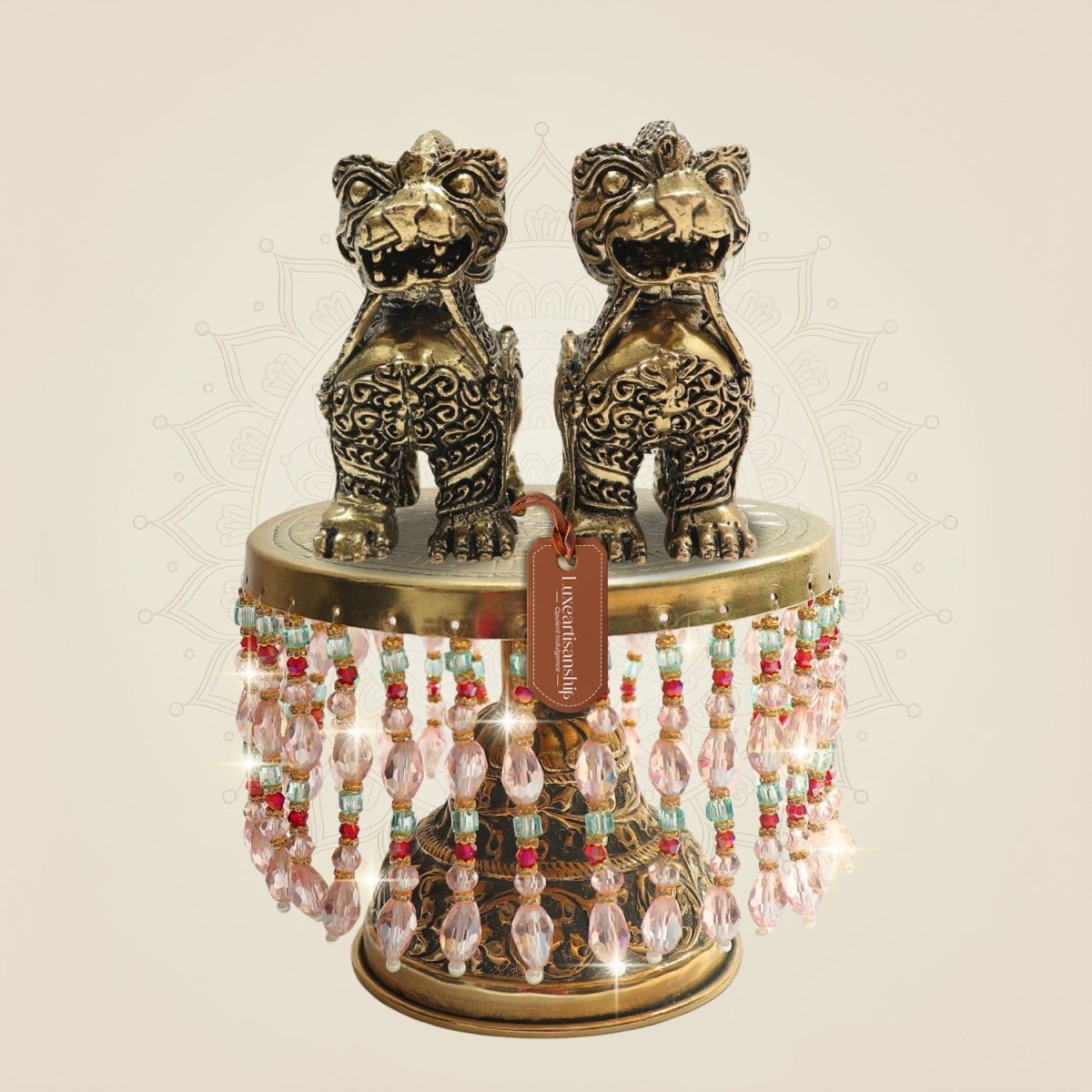 Brass Yali Guardian Lion on Chowki Inspired by Temple Architecture 7" - Luxeartisanship