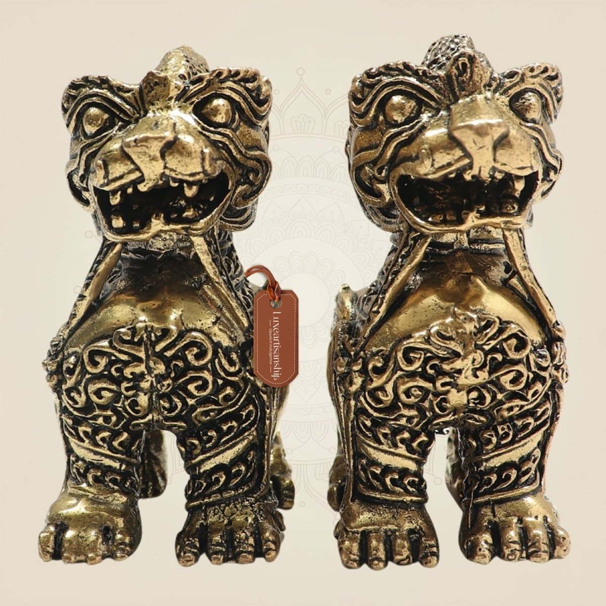 Brass Yali Guardian Lion 3"– Majestic Keeper of Strength (Set of 2) - Luxeartisanship