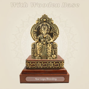 Chaturbhuj Ganesha Brass Idol with Wooden Base