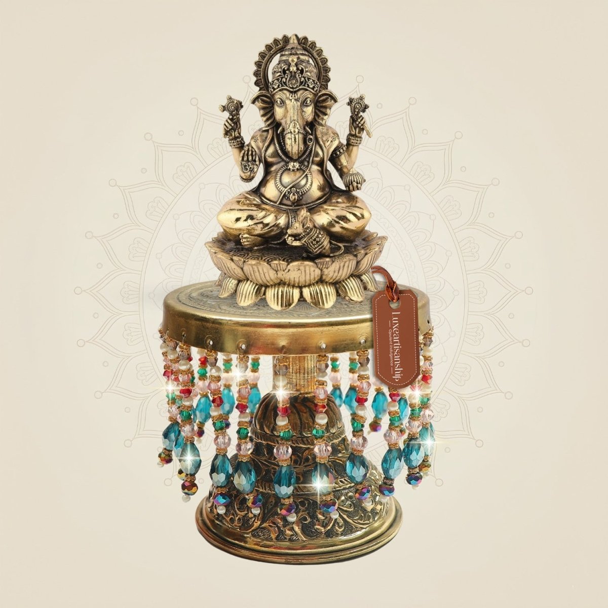 Chaturbhuj Ganesha Brass Idol on Chowki Stable Base Design 7.5" - Luxeartisanship