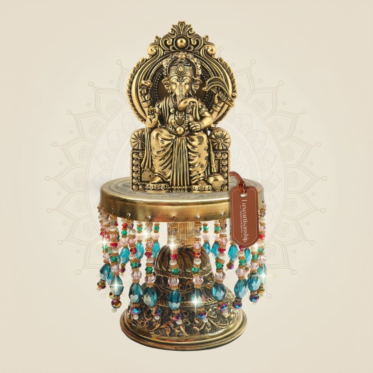 Chaturbhuj Ganesha Seated on Chowki 7.5"– Compact Sacred Piece - Luxeartisanship