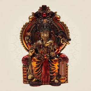 Chaturbhuj Ganesha Seated on Singhasan - 4" Brass Statue for Vastu & Spiritual Decor - Luxeartisanship