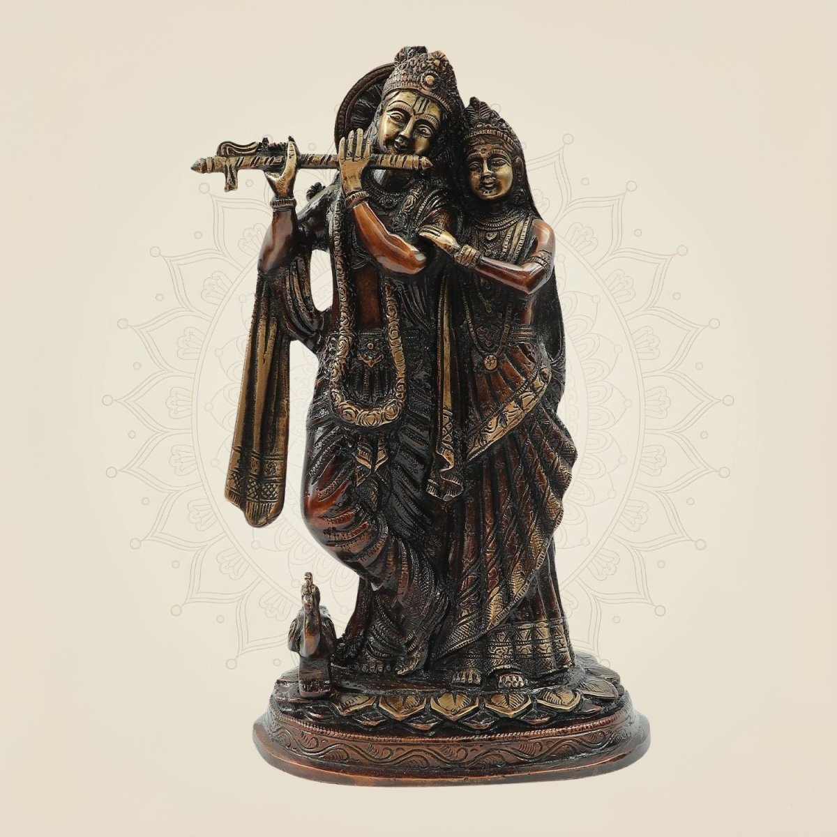 Colore Brass Radha Krishna Statue | Flute Playing Idol for Temple & Home Decor 11.75" - Luxeartisanship