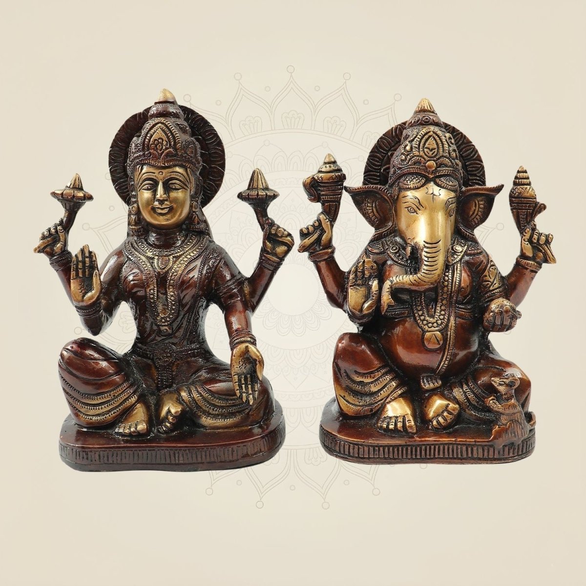 Colorful Brass Lakshmi Ganesh Idol Pair 8" | Decorative Laxmi Ganesha Statue for Temple & Home - Luxeartisanship