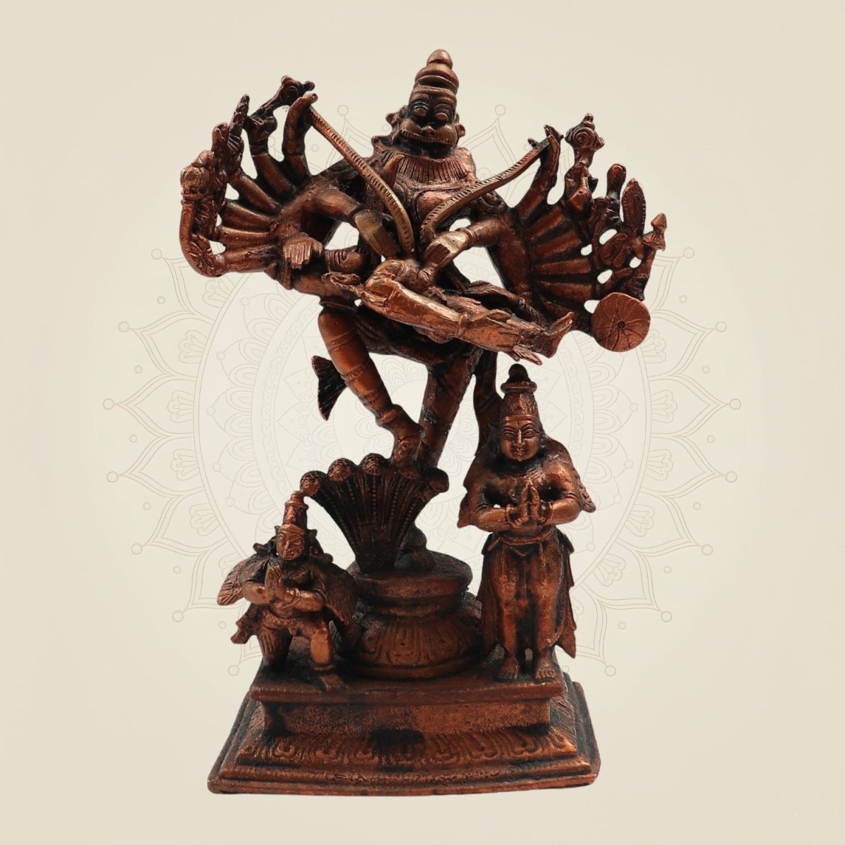 Copper Lord Narsimha Idol with Garuda & Prahlada – Handcrafted Pure statue of Protection 6.75" - Luxeartisanship