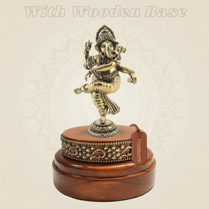 Dancing Ganesha Brass Statue in Motion on Wooden Base