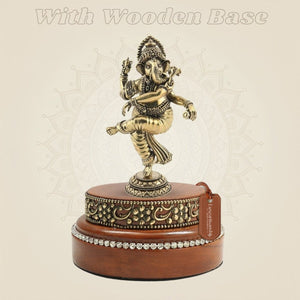 Brass Dancing Ganesha Murti on Wooden Base for Home Decor