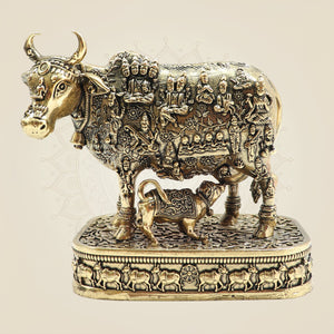 Divine Brass Kamdhenu Cow with Calf Statue 4"