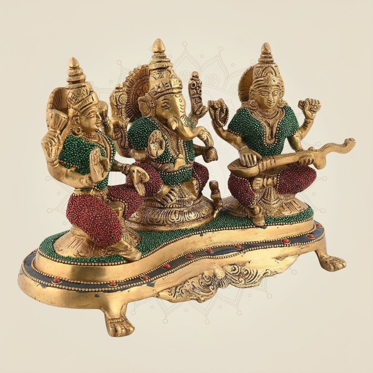 Divine Laxmi Ganesh Saraswati Brass Murti with Stone Finish