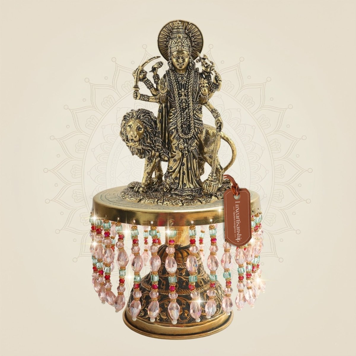 Durga Mata on Lion Brass Idol 10" with Chowki Stable Design - Luxeartisanship