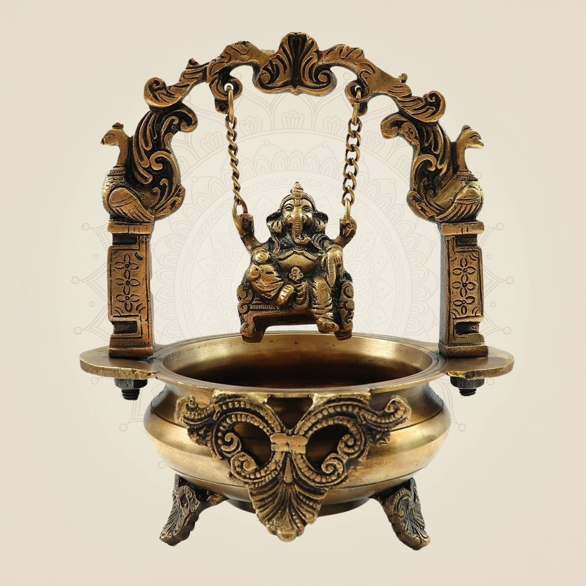 Elegant Brass Ganesh Idol on Jula Swing with Urli for Home & Gift Decor - 9.25" - Luxeartisanship