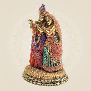 Elegant Brass Radha Krishna Murti with Rhinestone Detailing – 5.5 Inch - Luxeartisanship