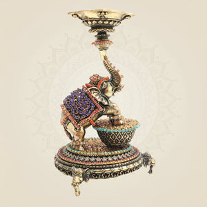 Elephant Brass Diya 6 Inch Oil Deepam with Rhinestone Work - Luxeartisanship