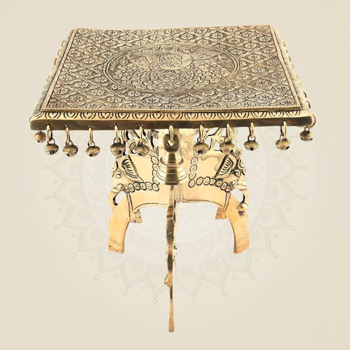Engraved Brass Ritual Chowki with Ghungroos