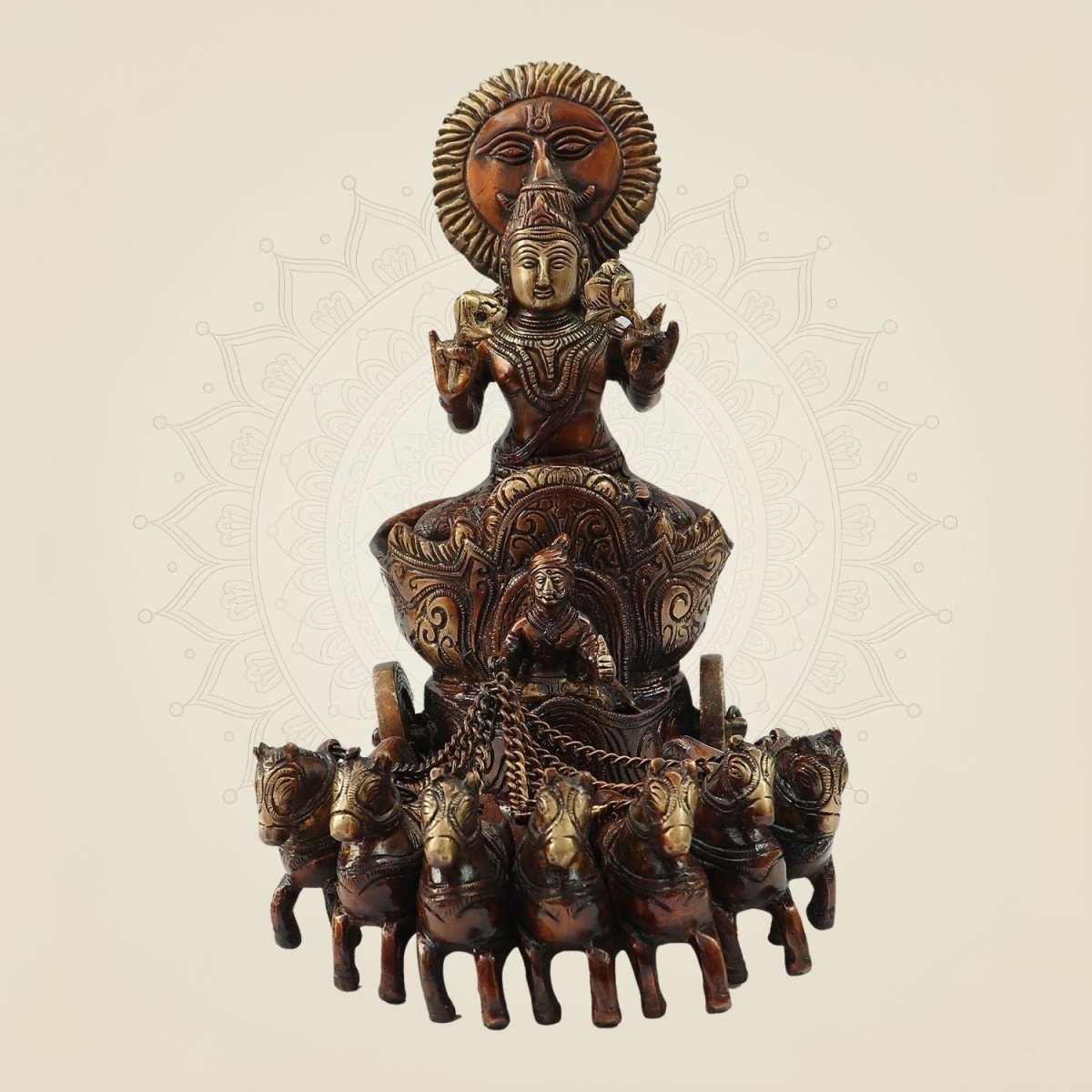 Exquisite Brass Surya Dev Rath Idol with 7 Horses 10.75" Inchs | Sacred Vedic Decor Statue - Luxeartisanship