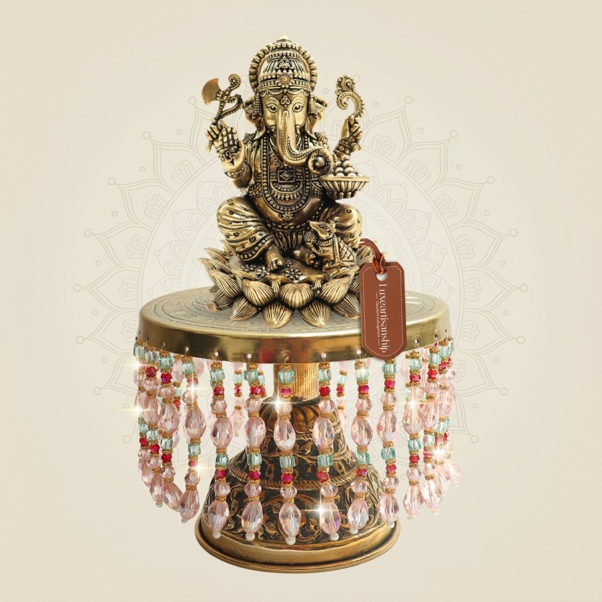 Ganesh Brass Idol on Chowki Highlighting Four Arm Structure 8.75" - Luxeartisanship