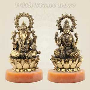 Ganesh Laxmi Brass Idol on Lotus – 5" Handcrafted Superfine Murti - Luxeartisanship