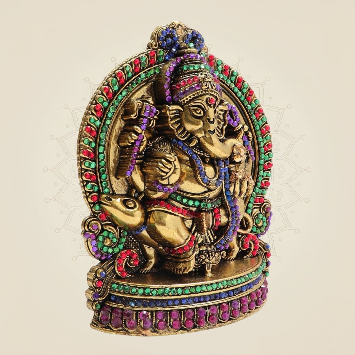 Ganesha Brass Idol 6" Decorated with Jewellery Stone - Luxeartisanship