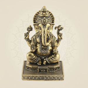 Ganesha Brass Idol on Platform 4.5"– Handcrafted Divine Sculpture - Luxeartisanship