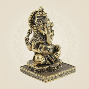 Ganesha Brass Idol on Platform 4.5"– Handcrafted Divine Sculpture - Luxeartisanship