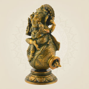 Ganesha with Mouse in Pot Brass Idol