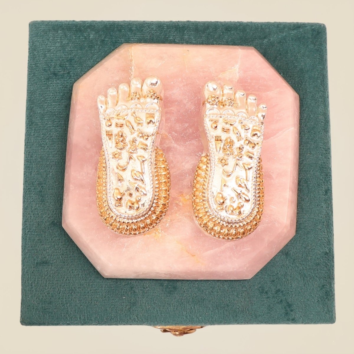 Gold & Silver-Plated Charan Paduka on Rose Quartz Base – Premium Spiritual Decor - Luxeartisanship