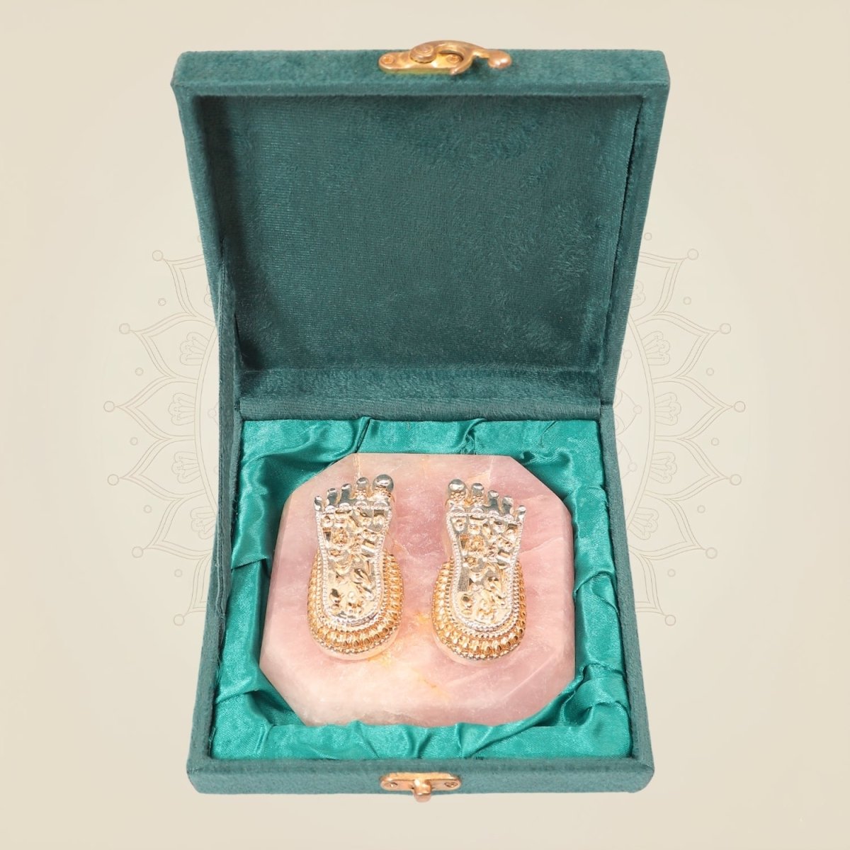 Gold & Silver-Plated Charan Paduka on Rose Quartz Base – Premium Spiritual Decor - Luxeartisanship