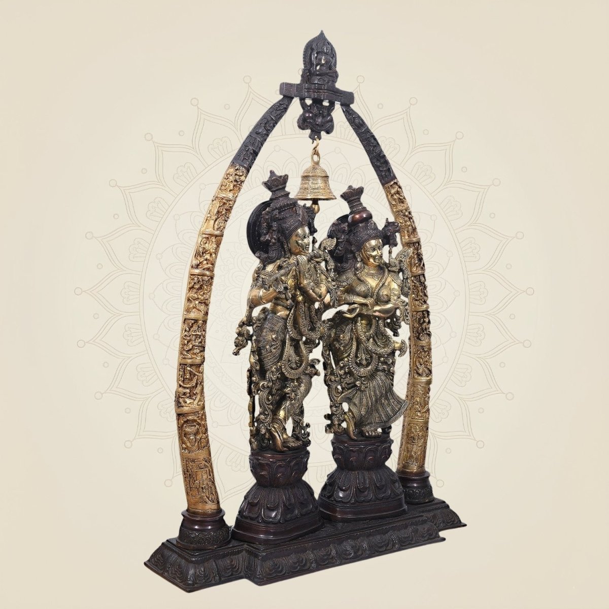 Grand Brass Radha Krishna Idol with Pillars & Bell 44.5" – Golden Brown Finish - Luxeartisanship