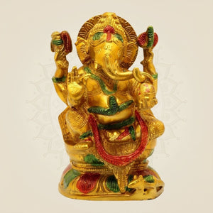 Hand - Painted Brass Ganesha Idol – 7.5" Murti for Mandir & Gift Decor - Luxeartisanship