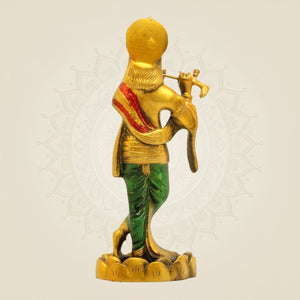 Hand - Painted Brass Krishna Idol 10.25"– Flute Playing Murti for Mandir or Gift - Luxeartisanship
