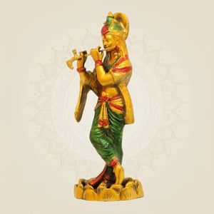 Hand - Painted Brass Krishna Idol 10.25"– Flute Playing Murti for Mandir or Gift - Luxeartisanship