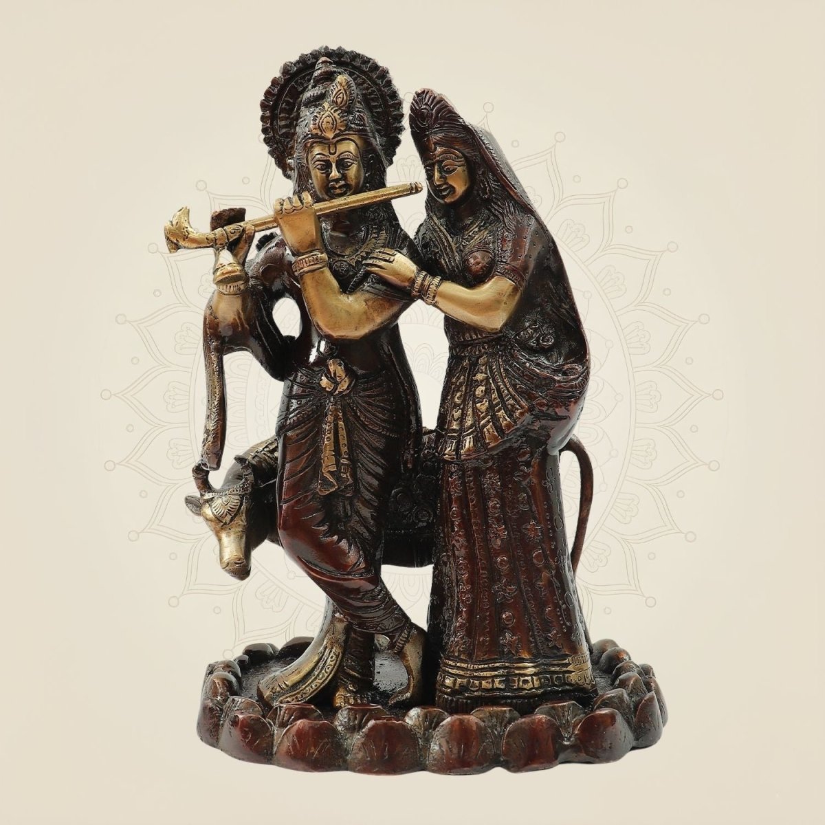 Hand Painted Brass Radha Krishna Idol | Flute Playing Murti 10.75" - Luxeartisanship