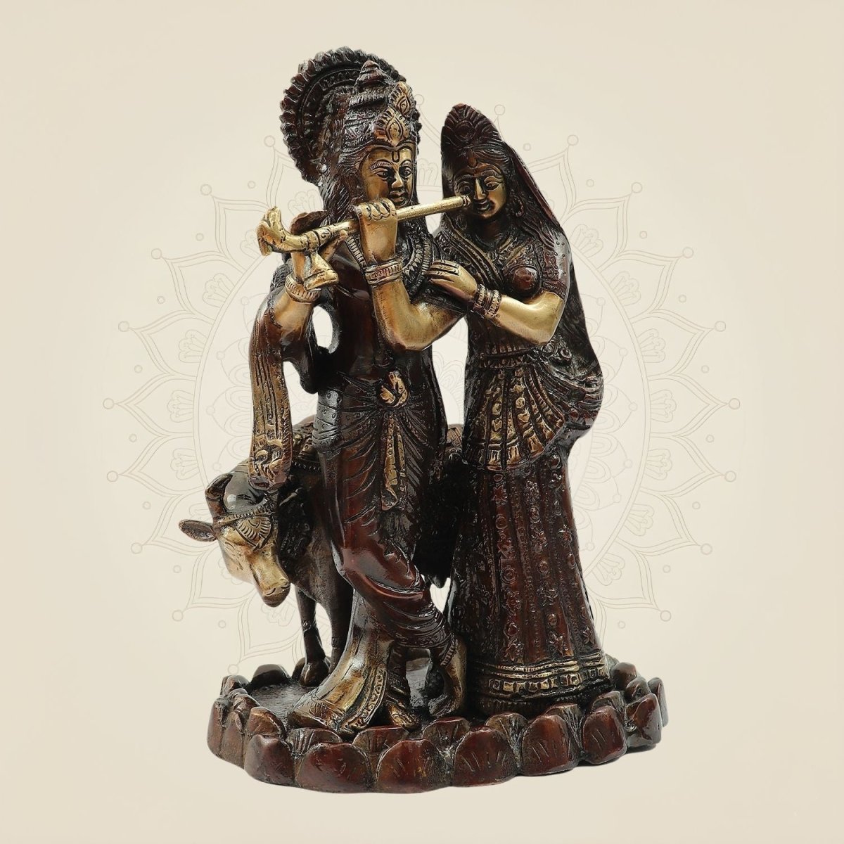 Hand Painted Brass Radha Krishna Idol | Flute Playing Murti 10.75" - Luxeartisanship