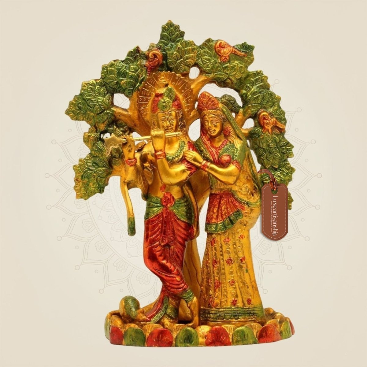 Hand - Painted Brass Radha Krishna Idol – Tree Design Murti for Mandir 12" - Luxeartisanship