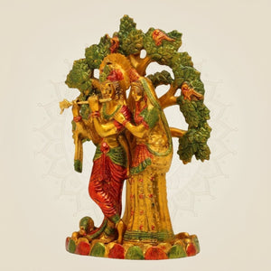 Hand - Painted Brass Radha Krishna Idol – Tree Design Murti for Mandir 12" - Luxeartisanship
