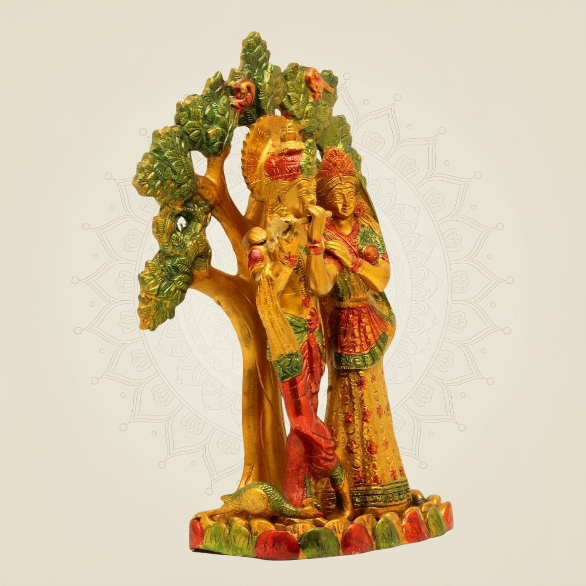 Hand - Painted Brass Radha Krishna Idol – Tree Design Murti for Mandir 12" - Luxeartisanship