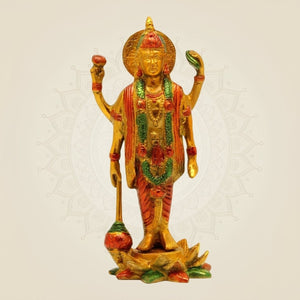 Hand - Painted Brass Vishnu Idol 8.25" – Standing Statue on Lotus Base - Luxeartisanship