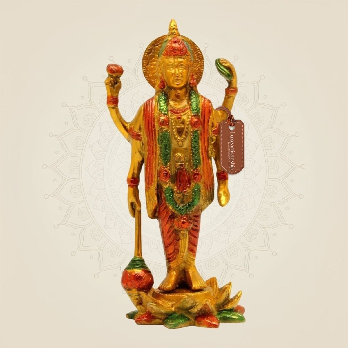 Hand - Painted Brass Vishnu Idol 8.25" – Standing Statue on Lotus Base - Luxeartisanship