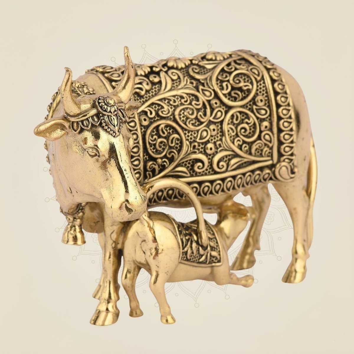 Handcrafted Brass Kamdhenu Cow with Calf Idol 2.5" - Auspicious Statue for Wealth, Peace - Luxeartisanship