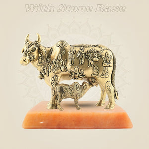 Brass Kamdhenu Cow with Calf Idol with gemstone base