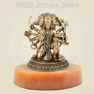 Five-faced Hanuman brass statue on stone base